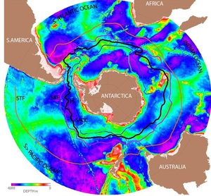 False-color map of Antarctica and surrounding oceans